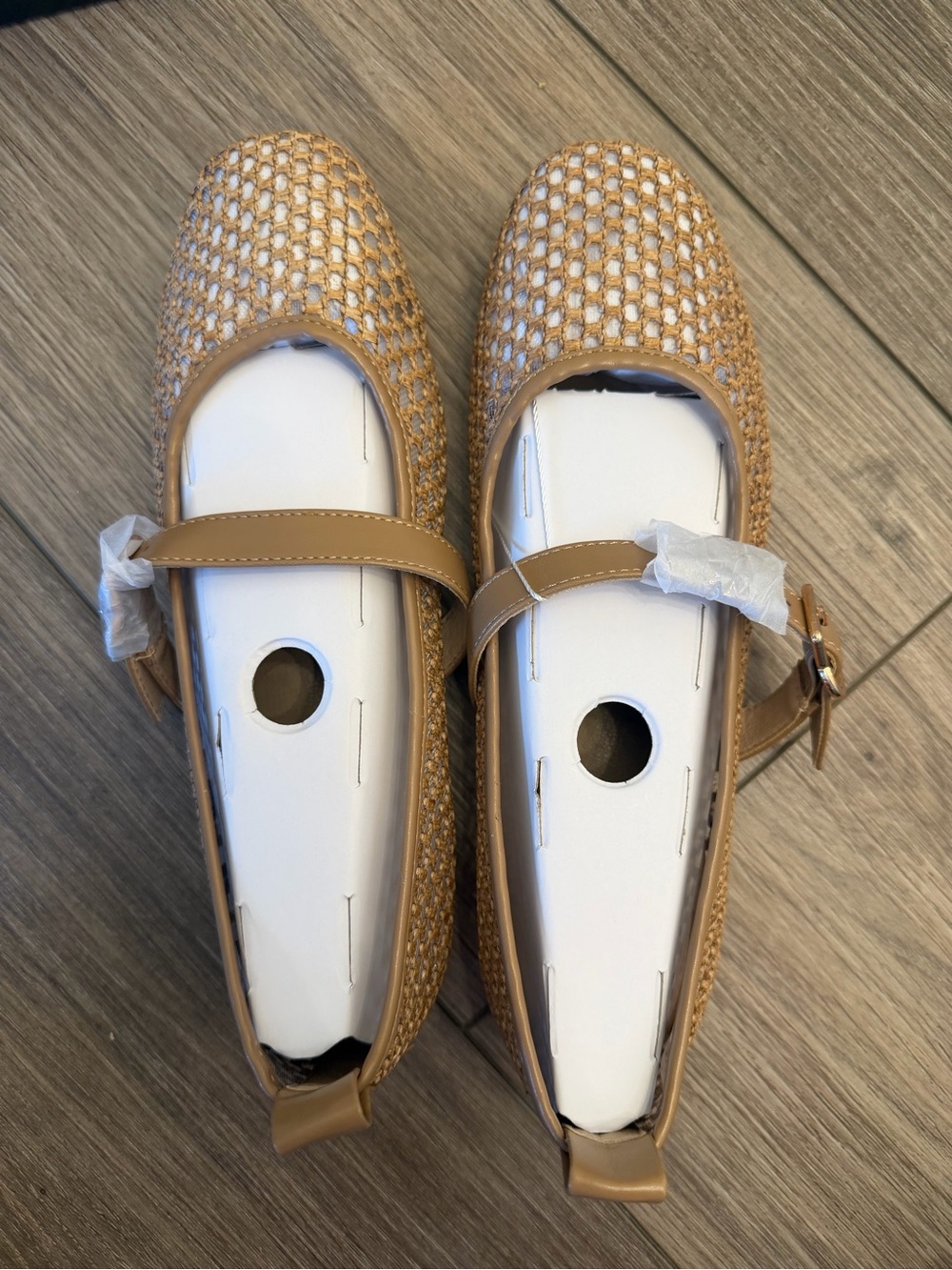 Woven Mary Jane Flats with Buckle Strap in Tan